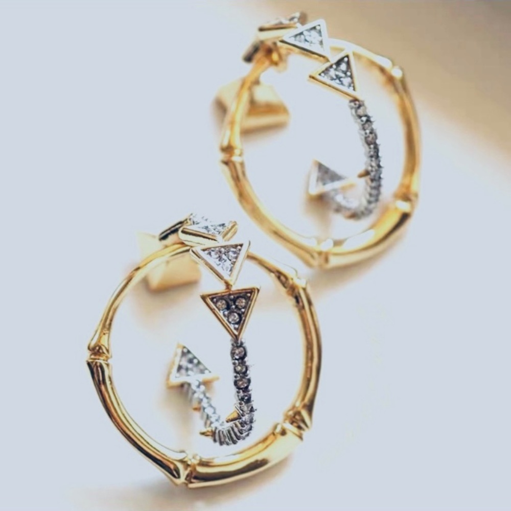 ALEXIS BITTAR • Gold & Silver Bamboo Crystal Double Hoop Orbiting Post Earrings - Picture 1 of 10